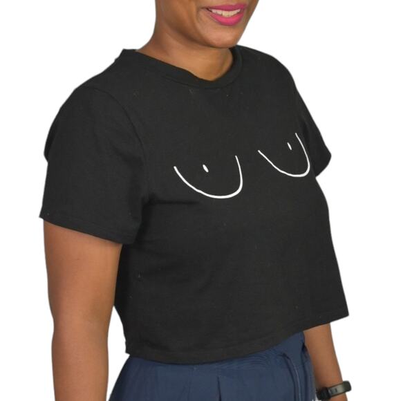 7 Day Wknd Boobs Crop Top Black Boobies Graphic Tee Cropped Cotton Shirt Small - Picture 3 of 13